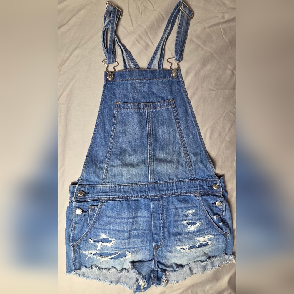 American Eagle Outfitters Denim Short Overalls Women's Size M Distressed Raw Hem